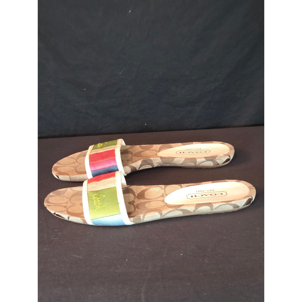 Coach Paula Slides Sandals Canvas Signature Logo Stripe Multicolor 7.5M - Picture 2 of 8